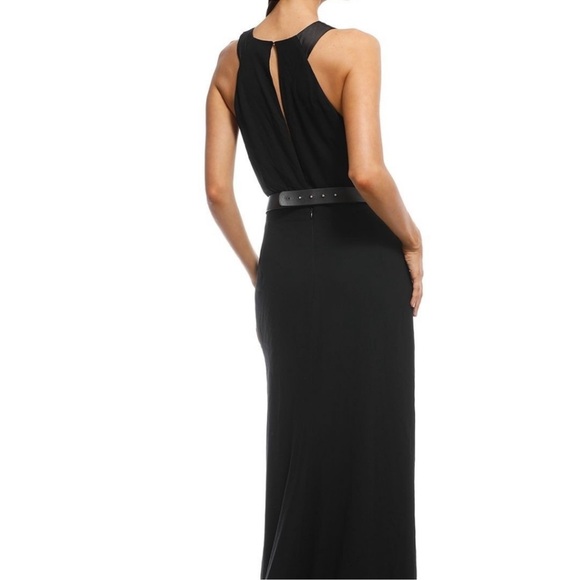 Halston Heritage Black Long Crepe Dress with Gold Belt high slit size 4 - Picture 3 of 16